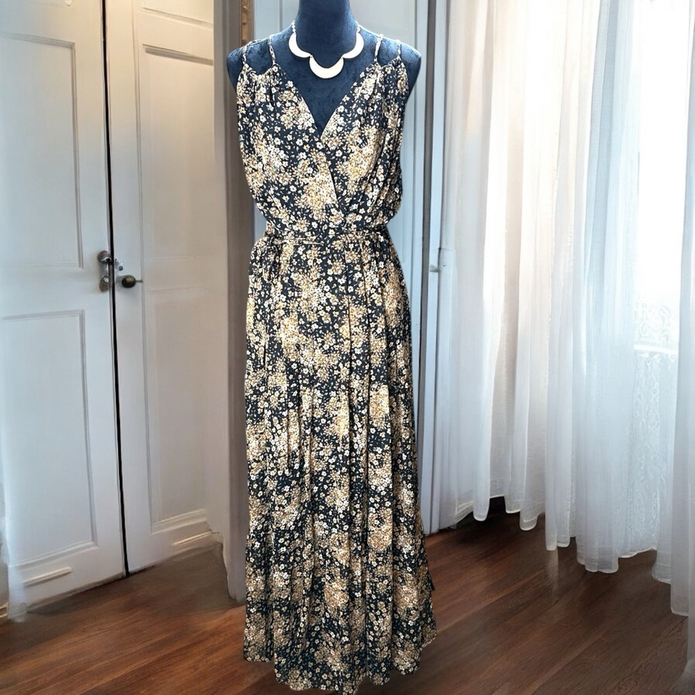 Rebecca B. Floral Maxi Dress‎ Women's Size 10 Black Tan Boho Sleeveless Wrap